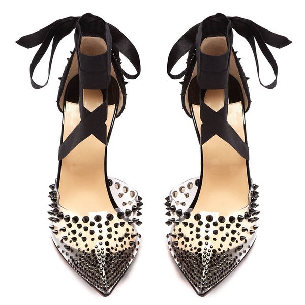 

red bottom high heels women pointed toe pvc rivets mechante reine ankle wrap around ribbons pump studded covered heel wedding party shoe c25, Black