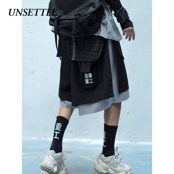 

unsettle 2020ss harajuku patchwork fake two pieces shorts mens casual summer hip hop baggy streetwear male joggers short pants, White;black