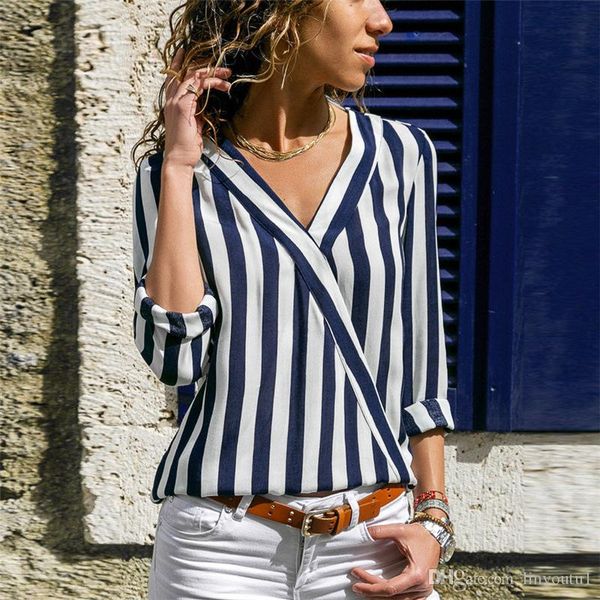 

women striped blouse shirt long sleeve blouse v-neck shirts casual blouse et chemisier femme women clothes, White