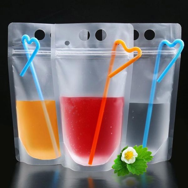 

dhl 100pcs clear drink pouches bags frosted zipper stand-up plastic drinking bag with straw with holder dropshipping d0202