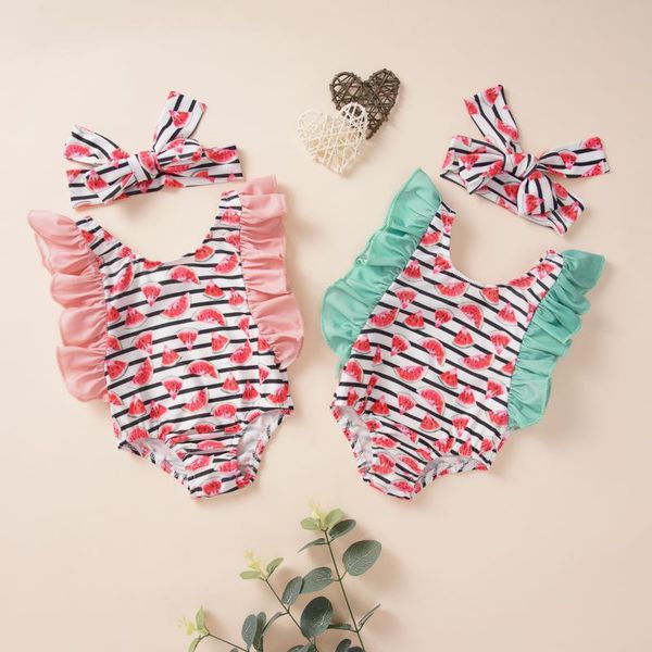 

summer toddler baby girls stripe + headband swimsuit swimwear ruffled swimming wtermelon outfits
