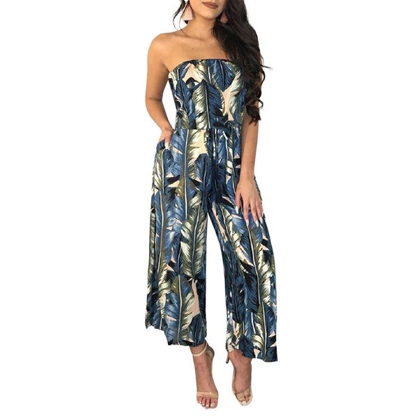

bohemian palm print jumpsuits&rompers off shoulder plus size women jumpsuit summer beach jumpsuit overalls, Black;white