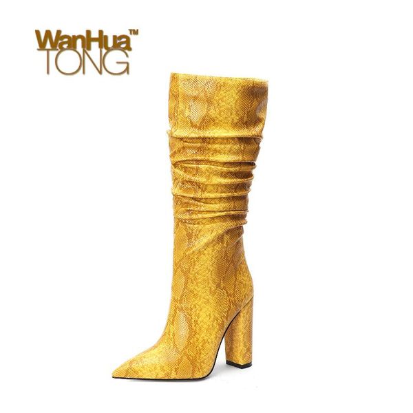 

wanhuatong woman fashion winter chunky heel pointed toe daily party mid-calf boots snake skin pattern heeled boots size45, Black