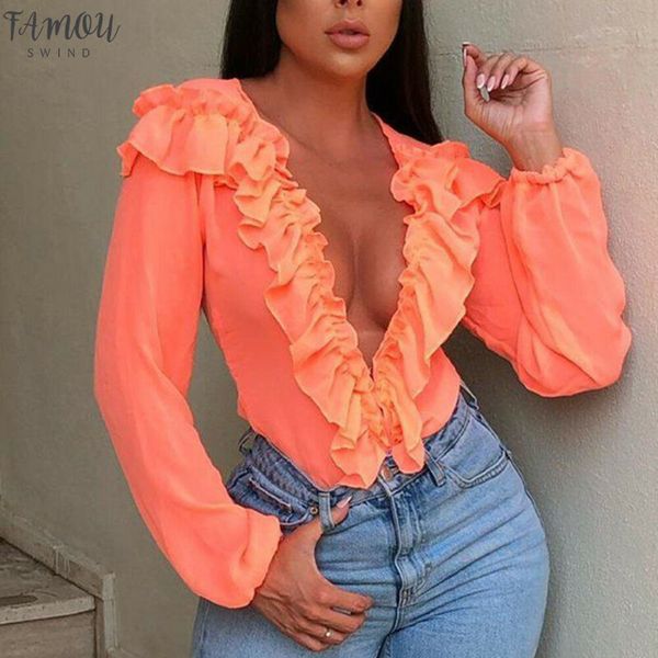

2020 модные женские рубашки sheer mesh ruffles глубокий v образным вырезом дамы с длинным рукавом твердые топы рубашки осень сексуальные жен, White