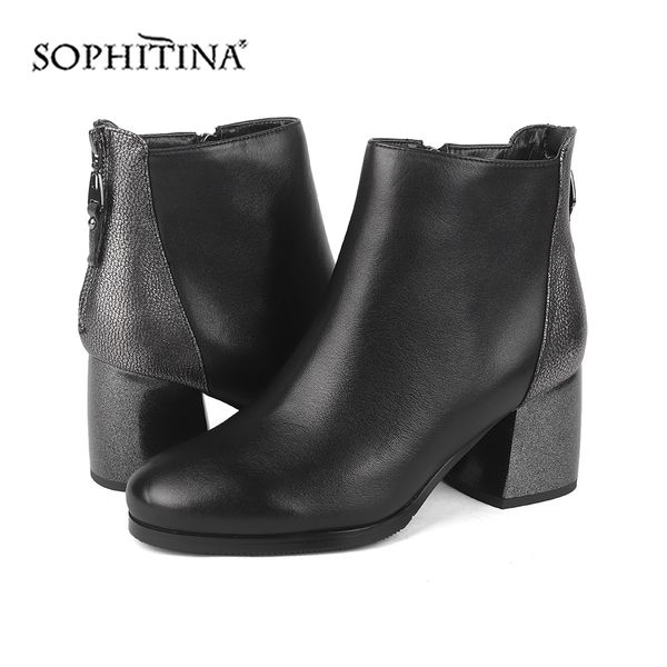 

sophitina fashion women's boots special square heel round toe square heel cow leather shoes new ankle boots sc221, Black