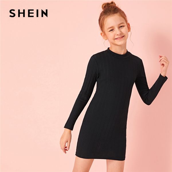 

shein kiddie black stand collar ribbed knit fitted girls casual dress 2019 autumn long sleeve stretchy kids bodycon mini dresses, Red;yellow