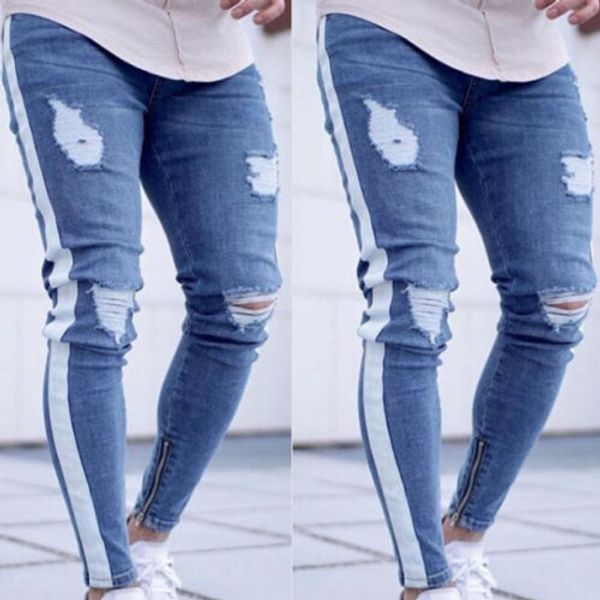 

2018 hirigin men stretchy jeans ripped skinny biker zipper jeans destroyed slim denim pant, Blue