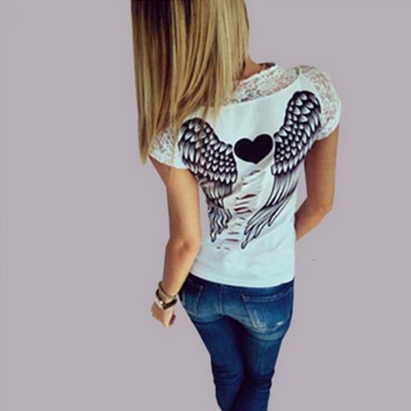 

womens shirts t shirt womens back hollow angel wings summer style woman cap sleeve lace short sleeve shirts clothing, White