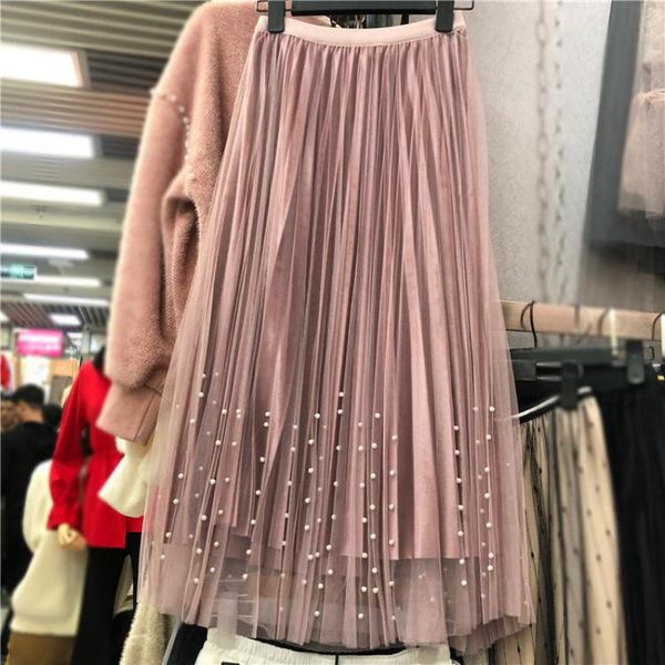 

2018 autumn new arrial beading mesh stitching velvet pleated skirt faldas largas elegantes 5 colors available ing, Black