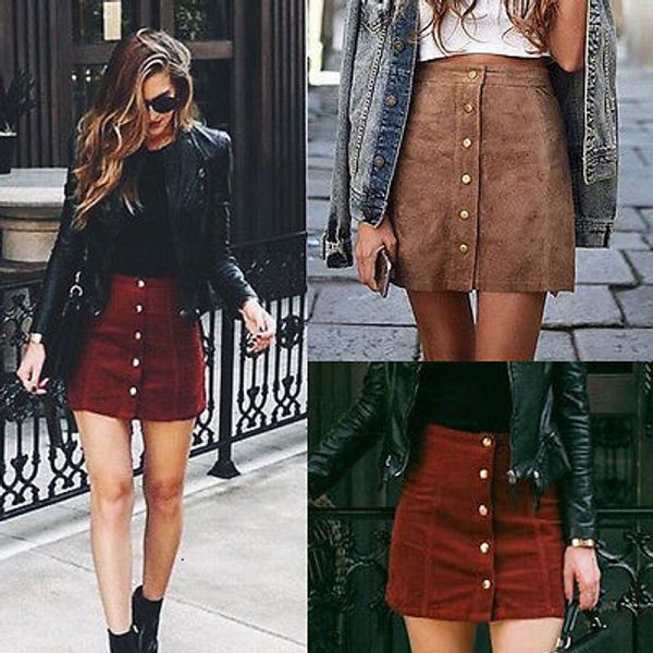 

designer skirts for women apparel suede leather women skirt 90s vintage short skirt winter high waist casual skirts with button, Black