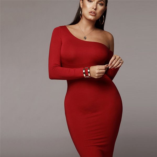 

одно плечо женщины сексуальные платья сплошной цвет офис леди с длинным рукавом одежда мода женская повседневная краткое bodycon платье, Black;gray