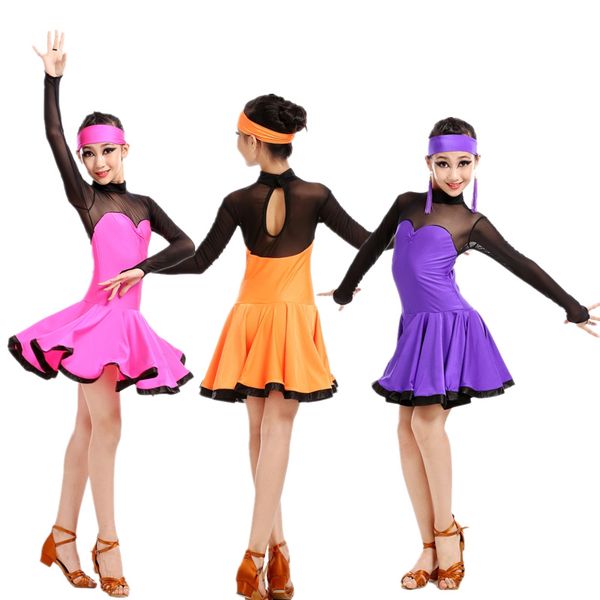 

child latin dance costume gauze long sleeves latin dance dress for children competition dresses s-4xl, Black;red