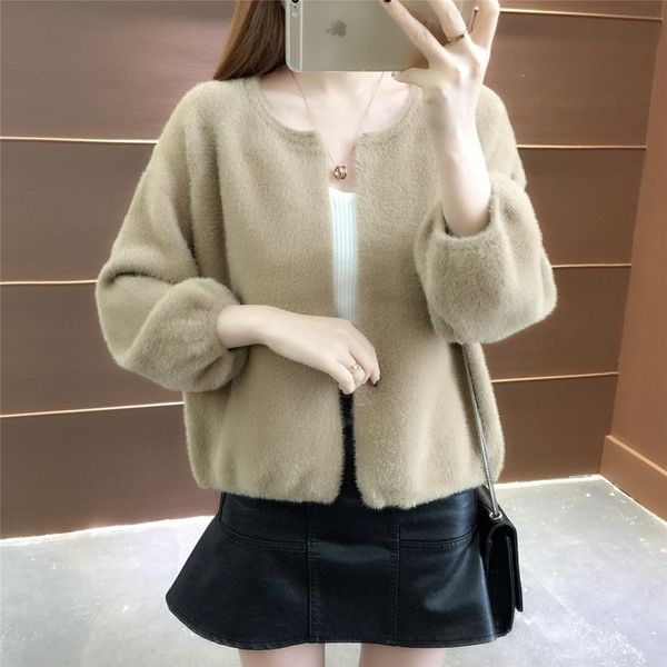 

2019 short student loose coat knitting upper garment woman cardigan imitate mink, Black