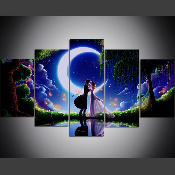 

5 piece large size canvas wall art pictures creative fireflies, trees, moon lake dating art print oil painting for living room