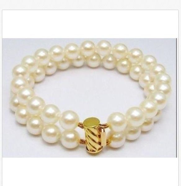 

2 rows round 9-10 mm south sea white pearl bracelet 14k gold 7.5-8, Black