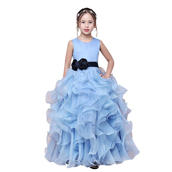 

organza with ruffles ball gown flower girl dresses 2019 kids gowns floor length performance dress with bow, White;blue