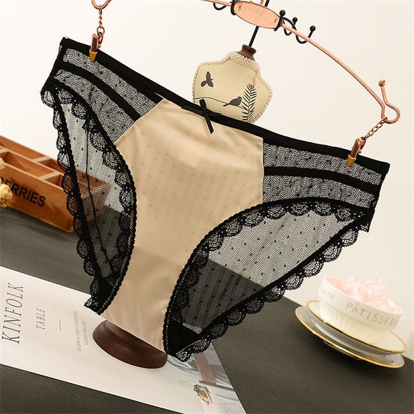 

Sexy Lace Silk Woman Briefs Comfortable Breathable Black Cotton Mesh Bottom Donna Underwears Ladies Low Waist Briefs