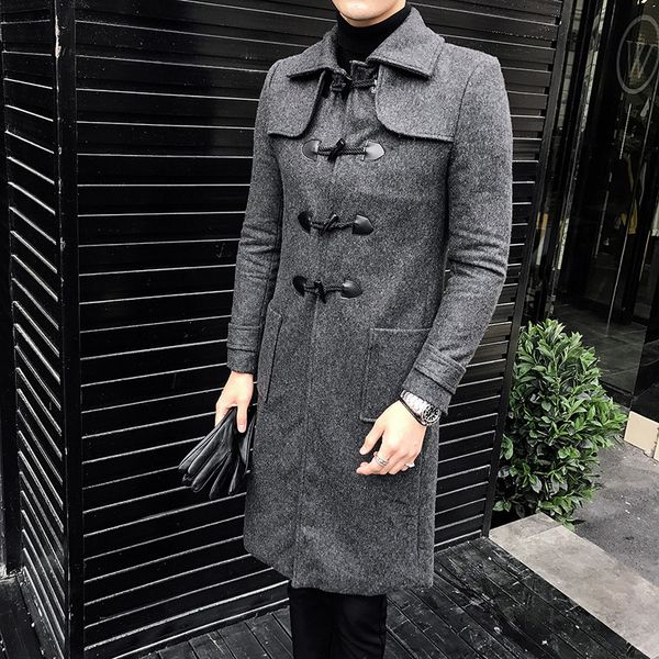 

vintage horn button trench coat men business long herren mantel lang korean coat dress for men manteau hiver homme slim fit 3xl, Black