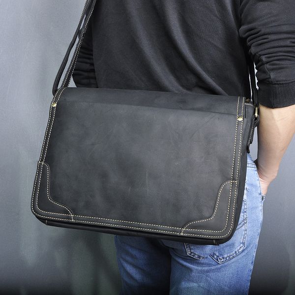 

crazy horse leather men fashion black casual 14" lapone shoulder bag design messenger crossbody bag school book 2088-b