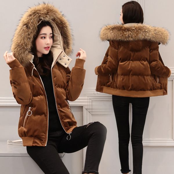 

2019 winter new style women's dress short hooded chic velvet harajuku large fur collar cotton overcoat woman cotton dress, Blue;black