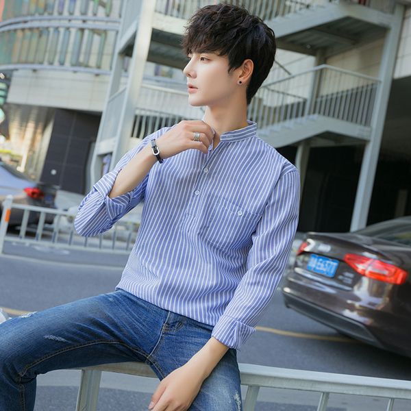 

мужская дизайнерская молодежная рубашка с длинным рукавом стенд воротник повседневная полосатая рубашка, White;black