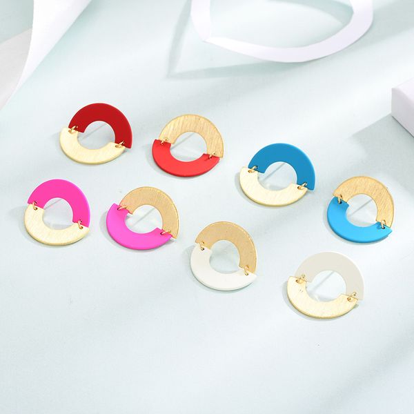 

shineland unique colorful enamel metal stud earrings trendy gold color hollow round statement for women fashion boho jewelry, Golden;silver