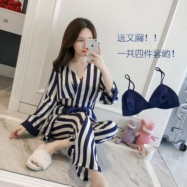 

2018 new silk ladies home wear suit with bra four piece set, Black;red