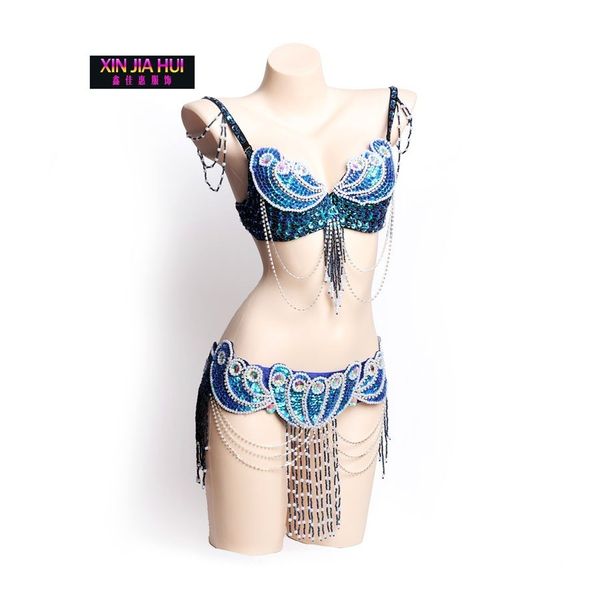 

beaded belly dance bras waist belt suit pull holographic rhinestone bodysuit dj rave clothes carnaval egyptian, Black;red