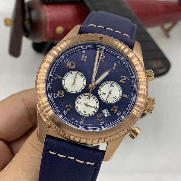 

breitl chronograph quartz 46mm gold stainless steel case mens watch watches blue dial arabic number markers wristwatches, Slivery;brown