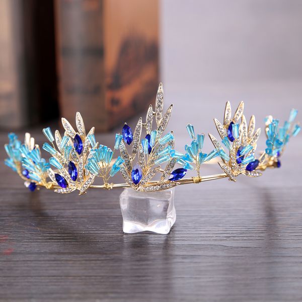 

blue rhinestone crystal gold leaf crown bridal hair accessories for wedding engagement tiara headdress crown bride hair jewelry, Golden;white