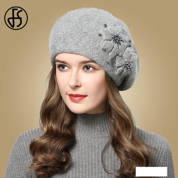 

fs autumn winter hats for women beanies with rhinestones flowers fur caps womens knitted hat thicken warm cap, Blue;gray