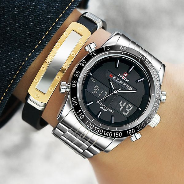 

relogio masculino function led army quartz watch men steel analog digital sports watches luminous clock, Slivery;brown