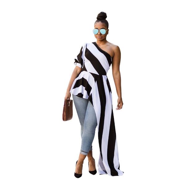 

women summer one shoulder striped blouse casual irregular short long asymmetric blouse blusas, White
