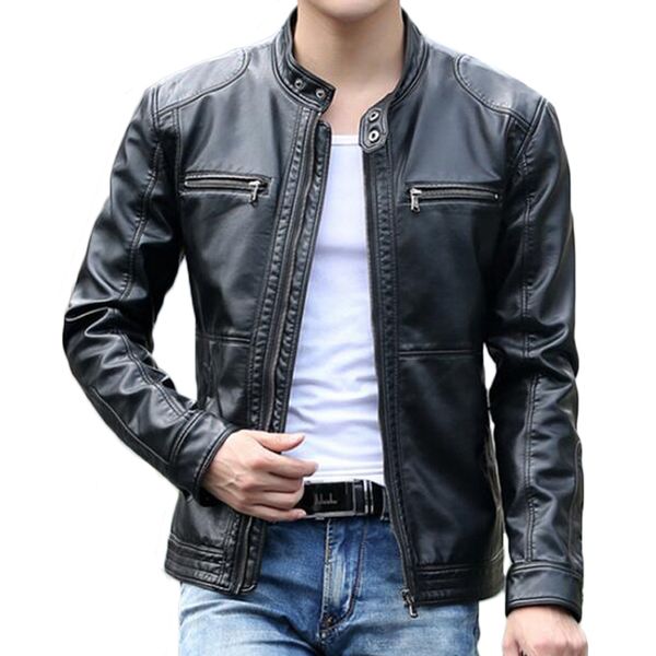 

5xl leather jackets men stand collar coats male motorcycle leather jacket men's casual fashion slim fit coat brand clothing, Black