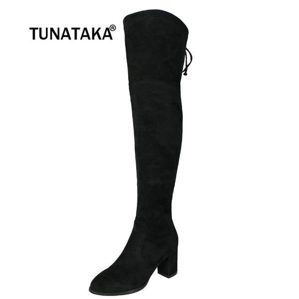 

faux suede comfort thick heel thigh high boots women over the knee boots winter female fashion shoes back lace-up black gray