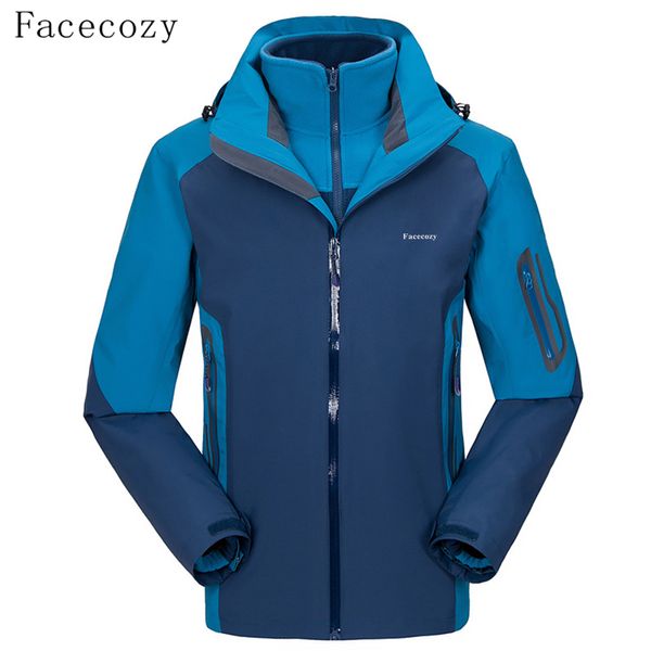 

facecozy men's winter hiking jackets skiing warm fleece softshell jacket outdoor windproof warm three in one hooded coat, Blue;black