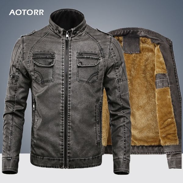 

men jacket warm leather coats fitness fleece 2019 new stand collar men's denim jacket parkas thick faux fur male slim coats, Black;brown