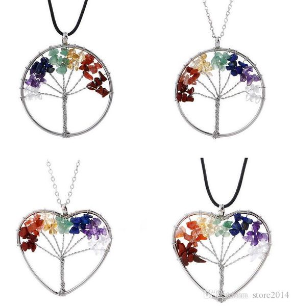

new women rainbow 7 chakra amethyst tree of life quartz chips pendant necklace multicolor wisdom tree natural stone necklace, Silver