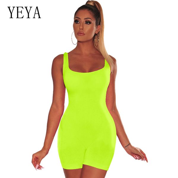 

yeya bodycon bodysuit sleeveless playsuit streetwear neon green summer one piece shorts rompers jumpsuit women overalls, Black;white
