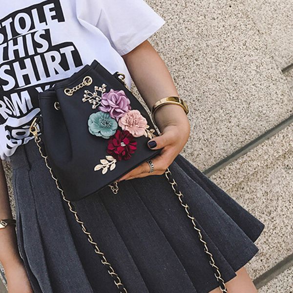 

female chic messenger hand bags new fashion trend women handbag pu leather bucket shoulder bag chain flowers crossbody bag