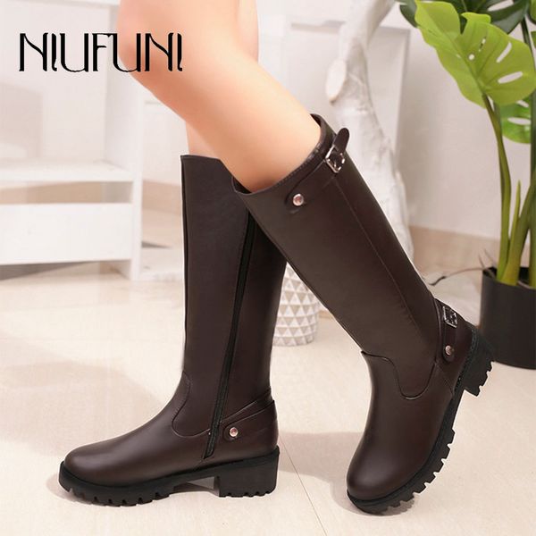 

genuine leather niufuni punk style mid-calf boots women's pure color rain boots outdoor zipper buckle water shoes for female, Black
