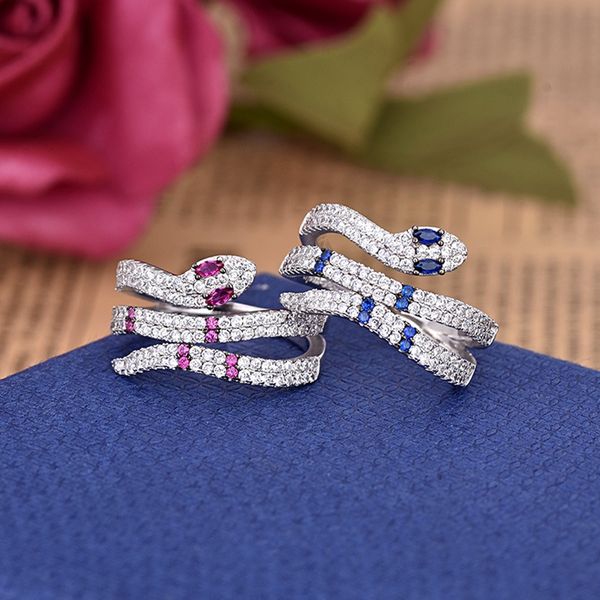 

exaggerated spirit snake shaped ring european and american fashion ring punk trend set zircon blue purple zircon couple wedding ring zk40, Silver