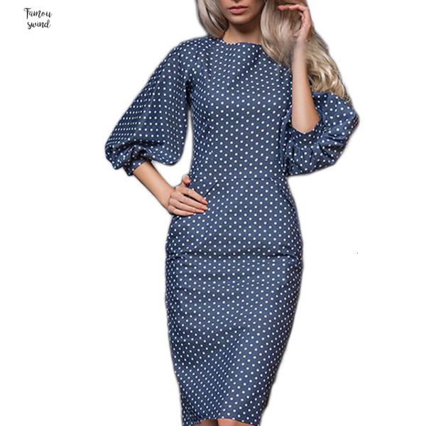 

new women dress fashion polka dots print autumn casual o neck lantern sleeves dress bodycon party dress vestidos, Black;gray