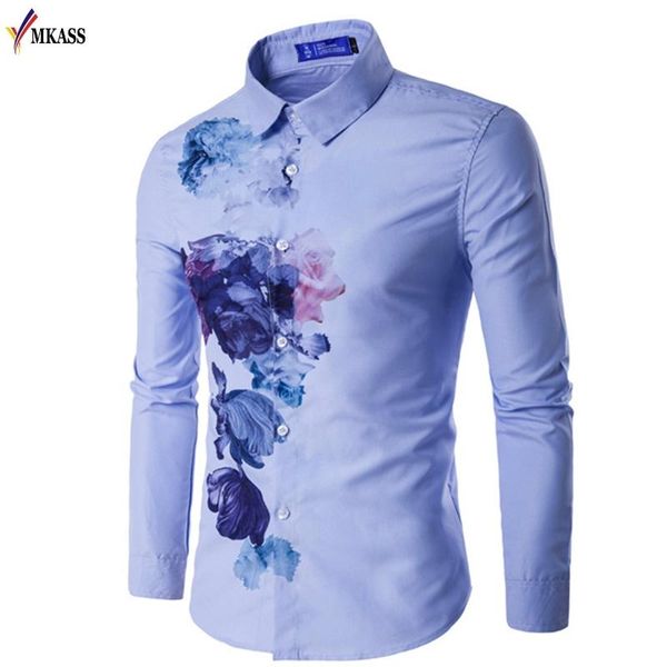 

2018 new style spring brand men cotton shirts long sleeve printing flower shirt men's slim dress shirt xxl