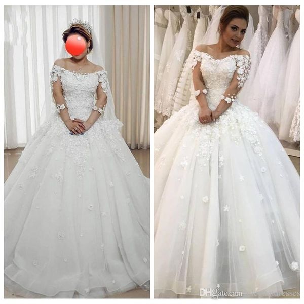 

sheer lace appliques 3d flowers adorned a-line wedding dresses lace appliques bridal gowns chapel train vestidos de marriage customized, White