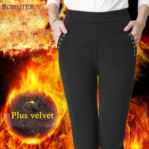 

брюки женщины плюс velvet thicker твердого простой повседневный зимнего карандаш брюки женщины мягкого теплого корейское все матч карман stu, Black;white