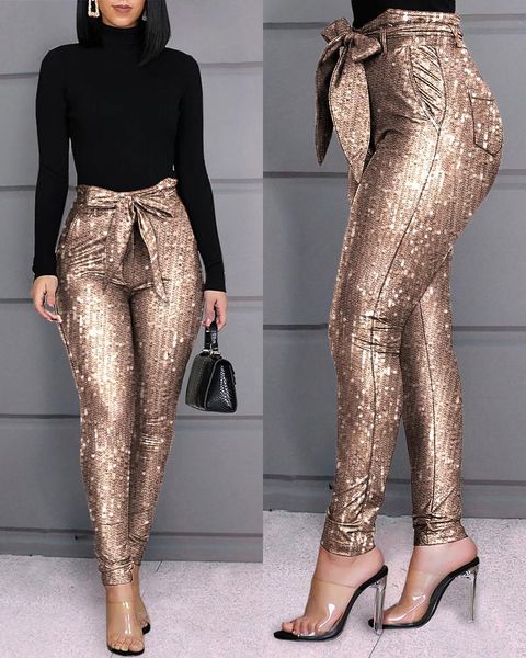 

women glitter sequins belted skinny pants bow tied high waist pockets design pencil pants party clubwear, Black;white