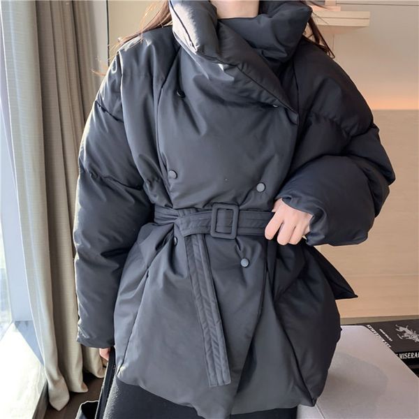

2019 women's winter jacket warm stand collar irregular cotton-padded clothes loose coat solid black jacket woman with belt my04
