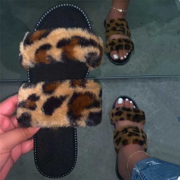 

2020 new women slipper fashion fur slippers leopard pink sandals female slides flat with outdoor beach slippers women size 37-41, Black