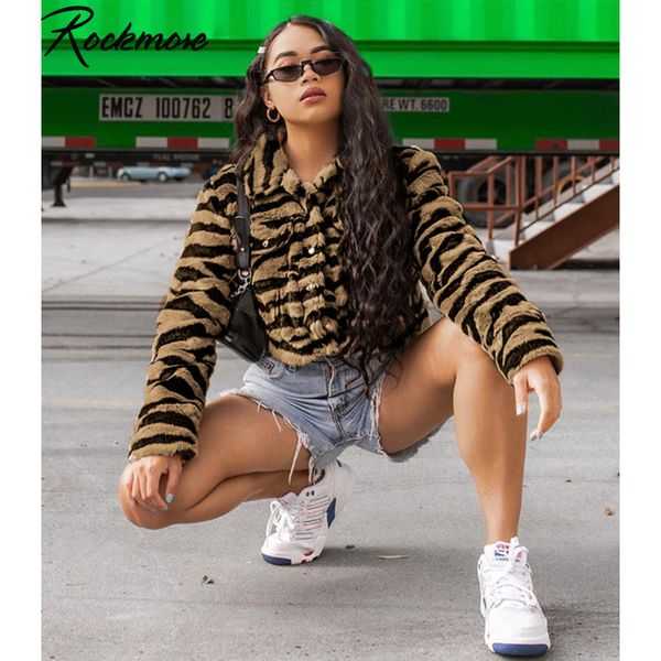 

rockmore tiger striped winter coats and jackets woman plus size turndown collar coat harajuku streetwear loose autumn jacket, Black;brown